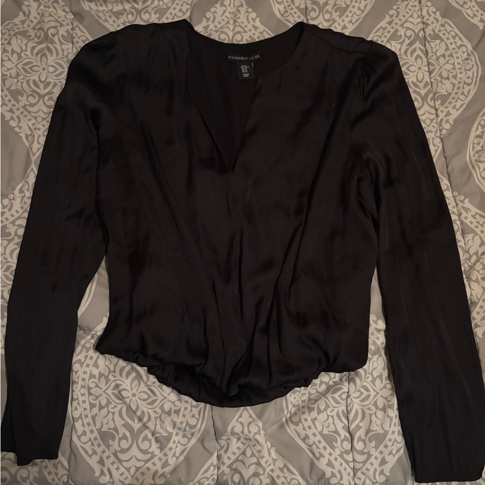 Express Black Satin V-Neck Long Sleeve Blouse